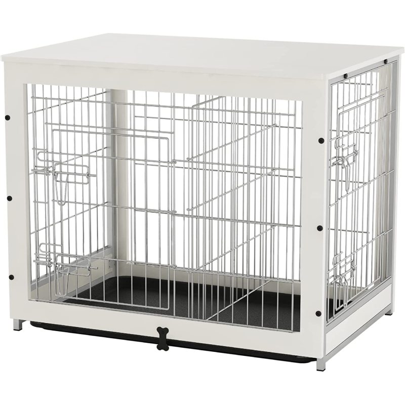Wooden Dog Crate Furniture with Divider Panel, Dog Crate End Table with Fixable Slide Tray, Double Doors Dog Kennel Indoor Furni