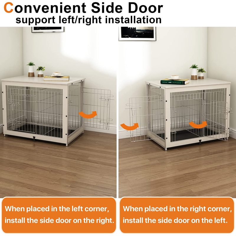 Wooden Dog Crate Furniture with Divider Panel, Dog Crate End Table with Fixable Slide Tray, Double Doors Dog Kennel Indoor Furni
