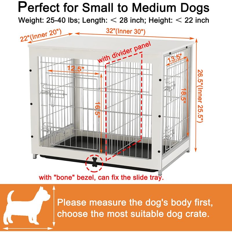 Wooden Dog Crate Furniture with Divider Panel, Dog Crate End Table with Fixable Slide Tray, Double Doors Dog Kennel Indoor Furni