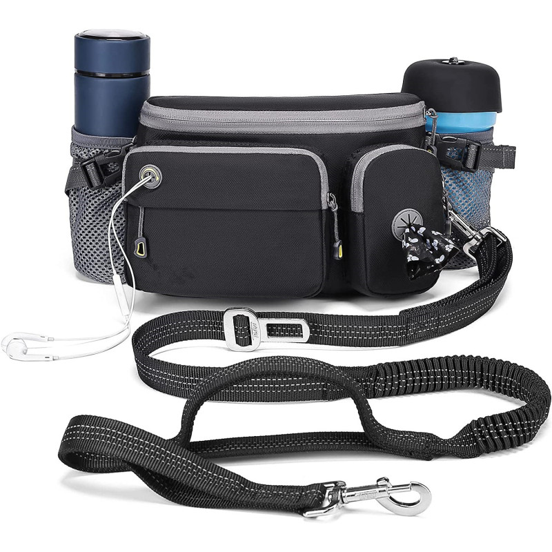 Adjustable Waist Belt Dog Leash with Waist Bag Reflective Stitches for Walking Training Hiking