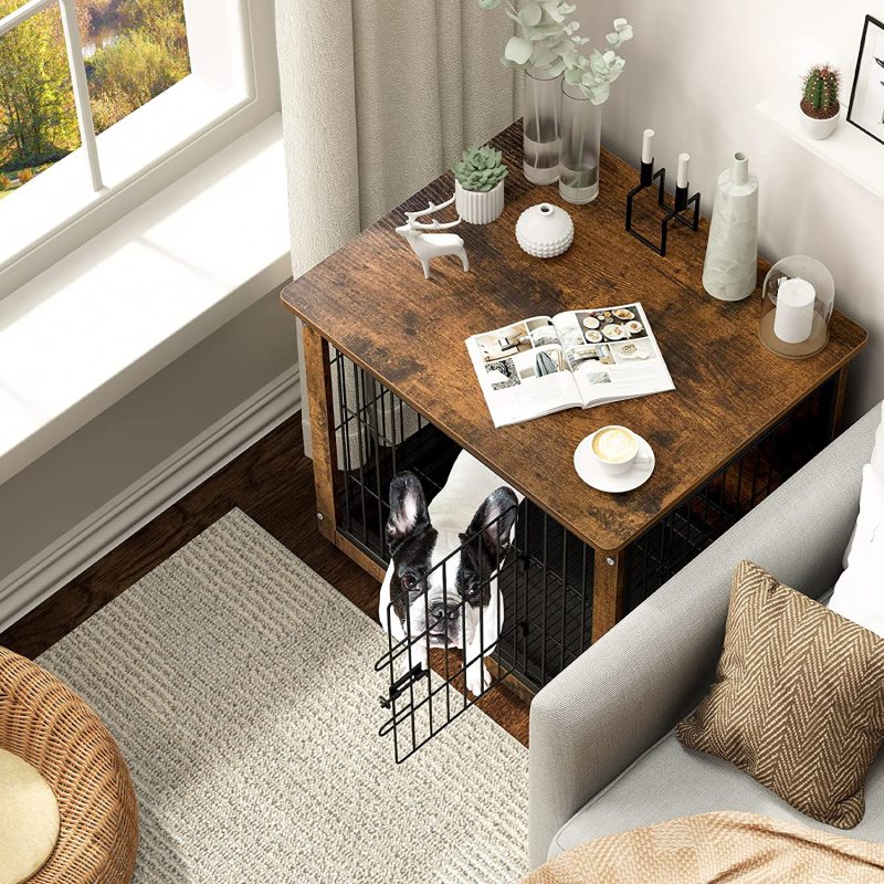 Wooden Dog Crate Furniture: Pets Modern Side Coffee Table Crates Kennel Topper with Removable Tray - Inside Home Decor Animal Me