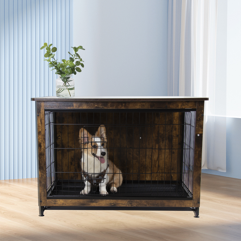 Wooden Dog Crate Furniture: Pets Modern Side Coffee Table Crates Kennel Topper with Removable Tray - Inside Home Decor Animal Me