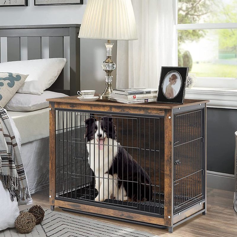 Wooden Dog Crate Furniture: Pets Modern Side Coffee Table Crates Kennel Topper with Removable Tray - Inside Home Decor Animal Me