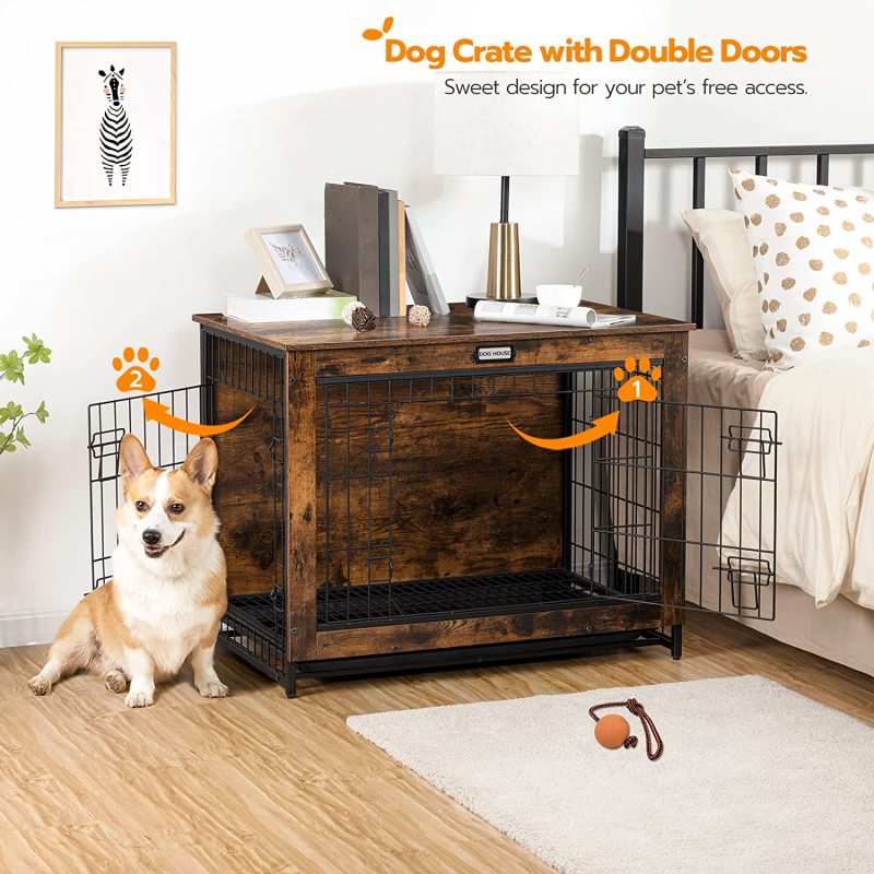 Furniture Style Dog Crate End Table, Dog Window Perch, Mesh Wooden Pet Crate with Double Doors and Pet Bed