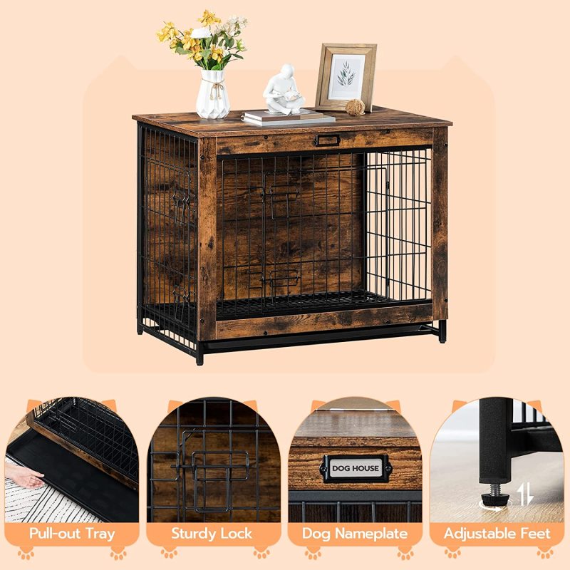 Furniture Style Dog Crate End Table, Dog Window Perch, Mesh Wooden Pet Crate with Double Doors and Pet Bed