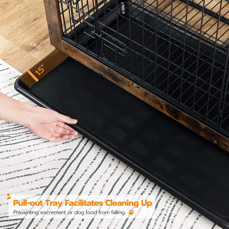 Furniture Style Dog Crate End Table, Dog Window Perch, Mesh Wooden Pet Crate with Double Doors and Pet Bed