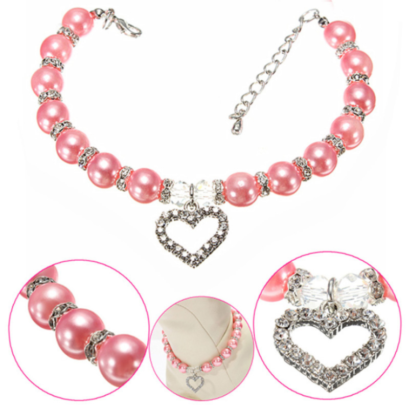 Colorful Custom Cheap Small Pu Leather Diamond Adjustable Cat Collar Peach heart pendant pearl dog necklace