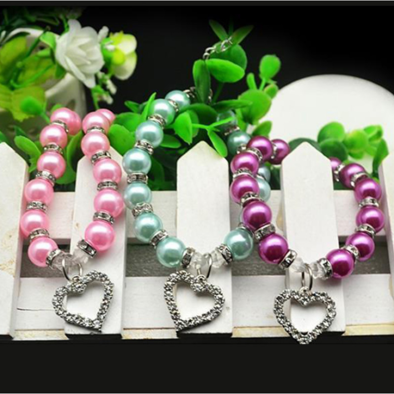 Colorful Custom Cheap Small Pu Leather Diamond Adjustable Cat Collar Peach heart pendant pearl dog necklace