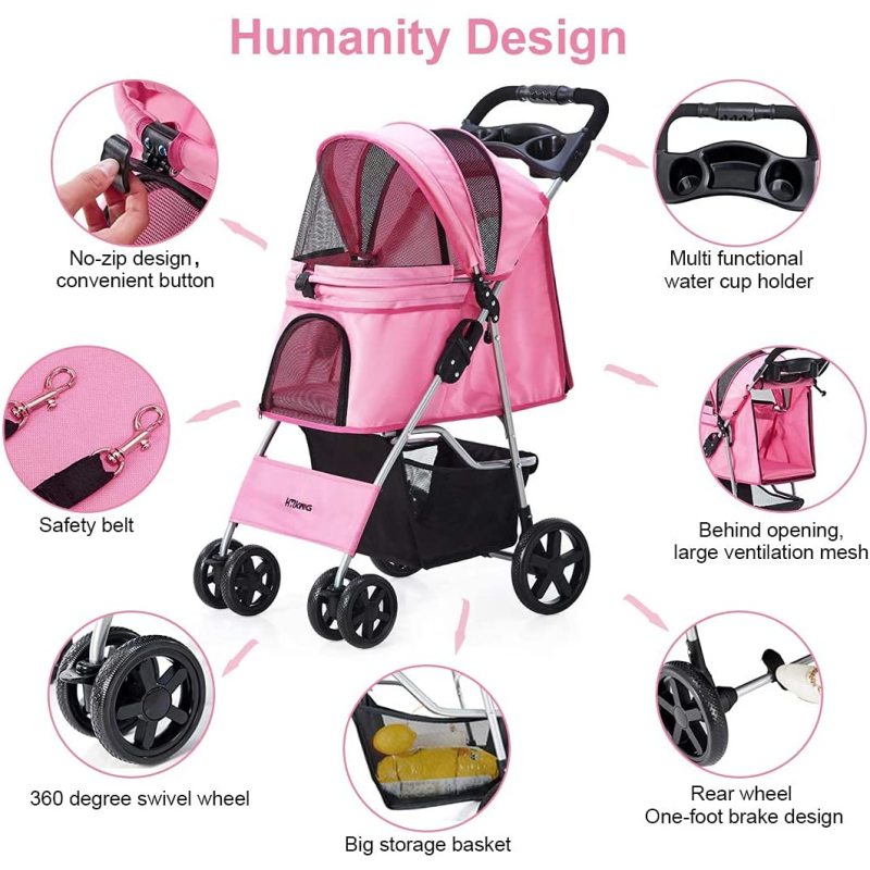 Pet Stroller, Cat Dog Stroller for Medium Small Dog with Storage Basket Foldable Lightweight Dog Carrier Trolley