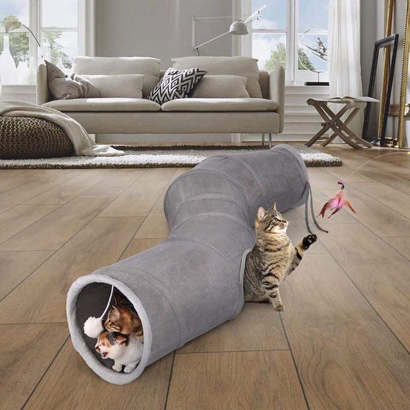 Collapsible Cat Play Cat Tunnel Outdoor In Door with Interactive Feather Wand Large Pet Tube Toy