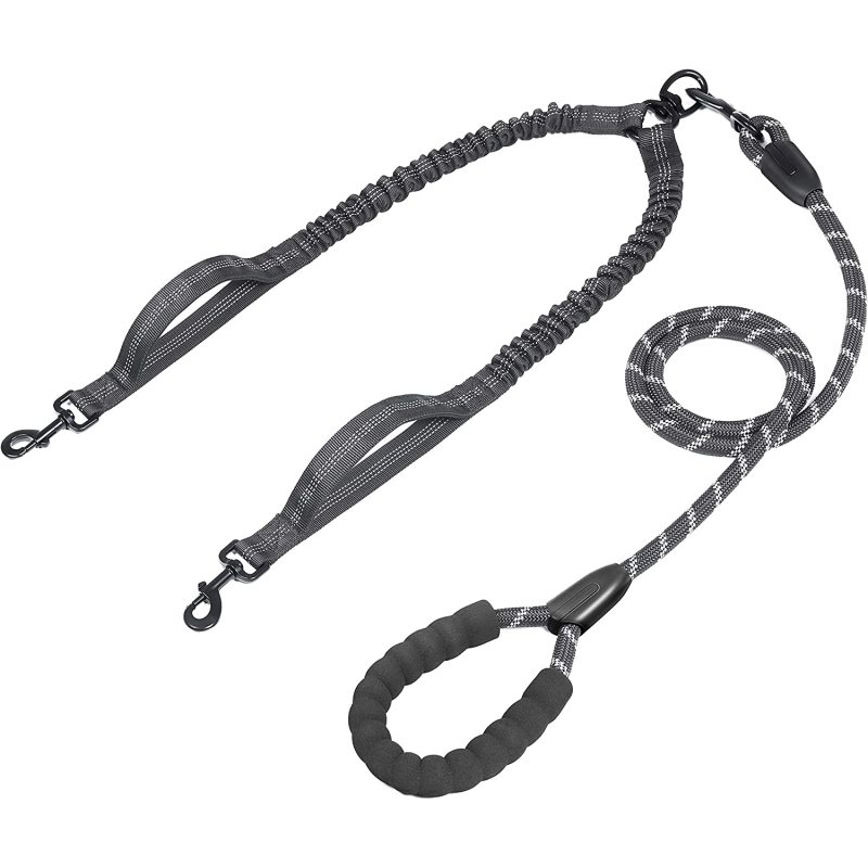 Comfortable Shock Absorbing Reflective Bungee Double Dog Leash  for Two Dogs