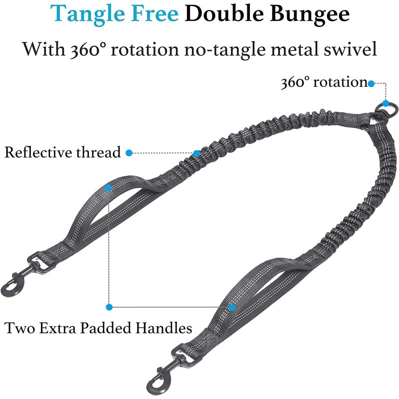 Comfortable Shock Absorbing Reflective Bungee Double Dog Leash  for Two Dogs