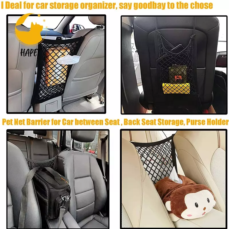 Car Dog Barrier Pet Net Barrier with Auto Seat Mesh Organizer Back Seat Net Organizer Universal Stretchable Storage Bag & Hook