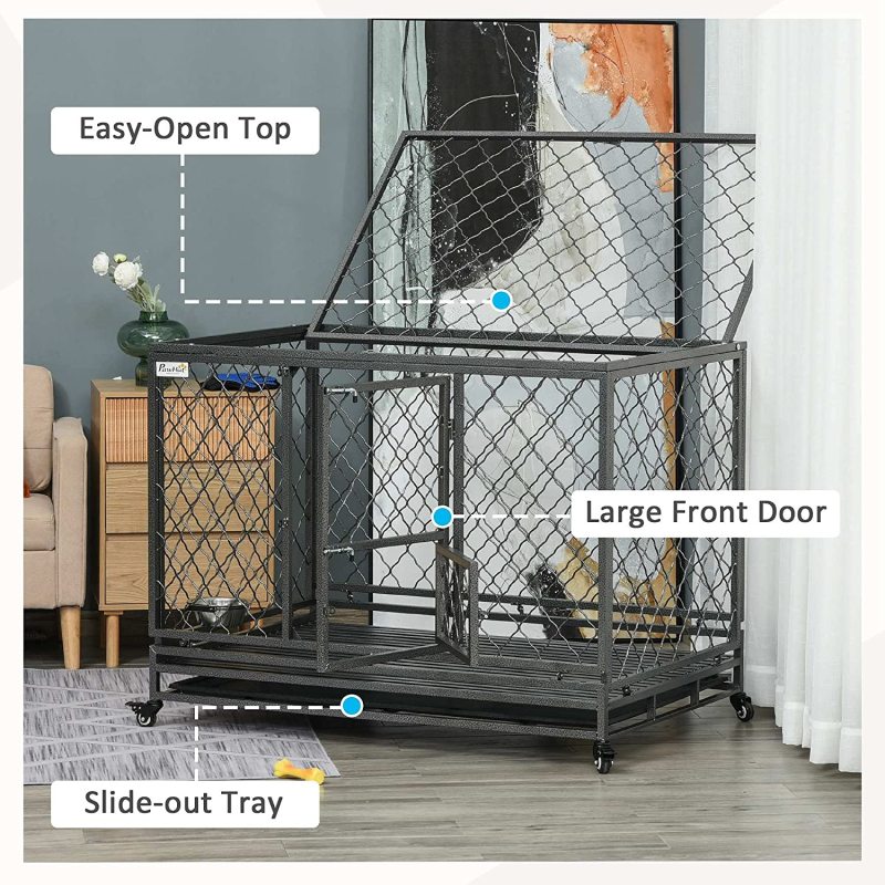Removable Tray Wheels Lockable Dog Crate Cage Door Indoor