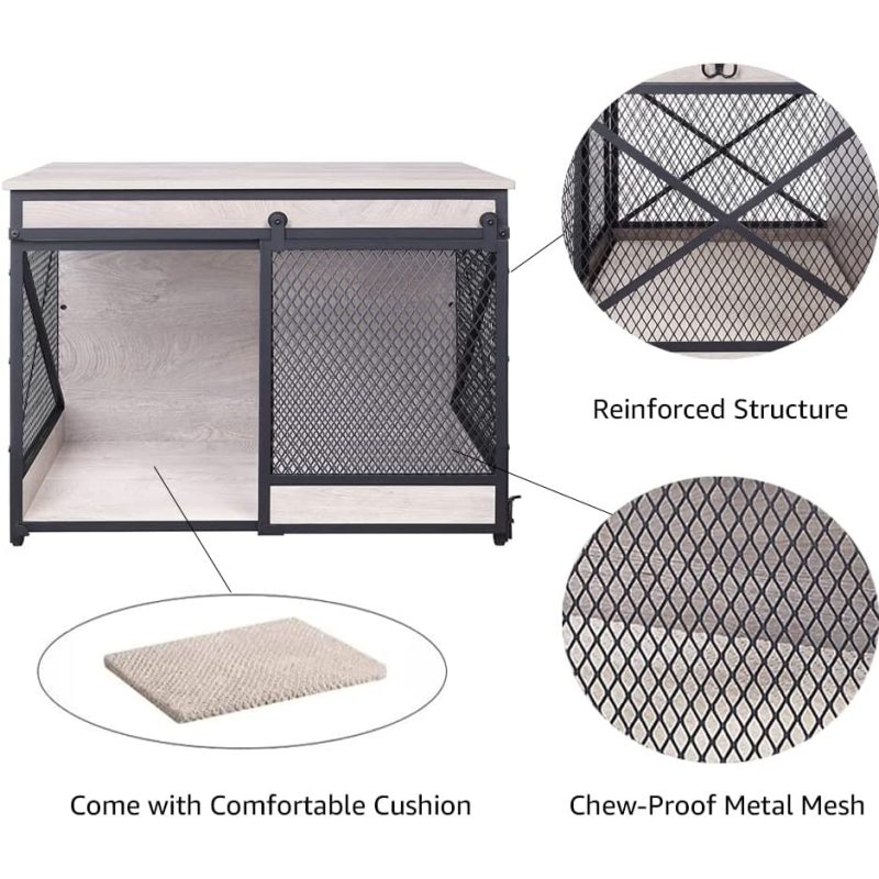 Chew-Proof Dog Crate End Table with Cushion and Hooks, Furniture Style Mesh Pet Kennels, House Indoor Use, Weathered Grey