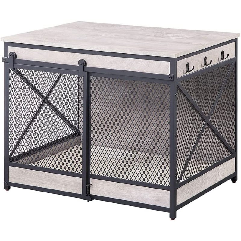 Chew-Proof Dog Crate End Table with Cushion and Hooks, Furniture Style Mesh Pet Kennels, House Indoor Use, Weathered Grey