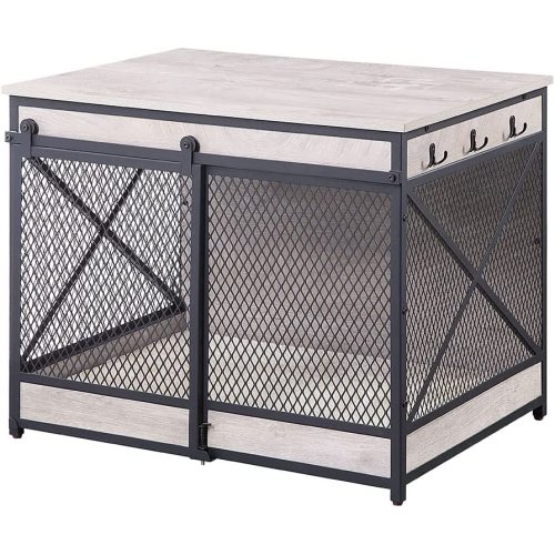 Chew-Proof Dog Crate End Table with Cushion and Hooks, Furniture Style Mesh Pet Kennels, House Indoor Use, Weathered Grey