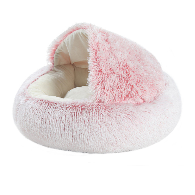 Wholesale Soft Luxury Plush Multi Colors Pet Cat Cushion Bed Round Cat Dog Cave Bed with Hooded Blanket