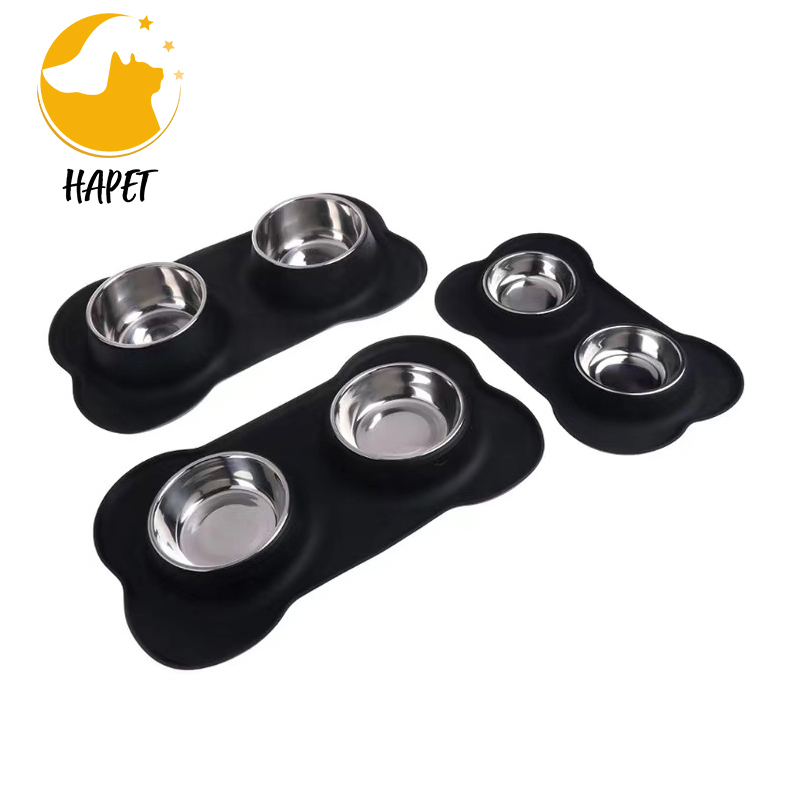 Pet bowl silicone double dog bowl silicone pad stainless steel pet tableware