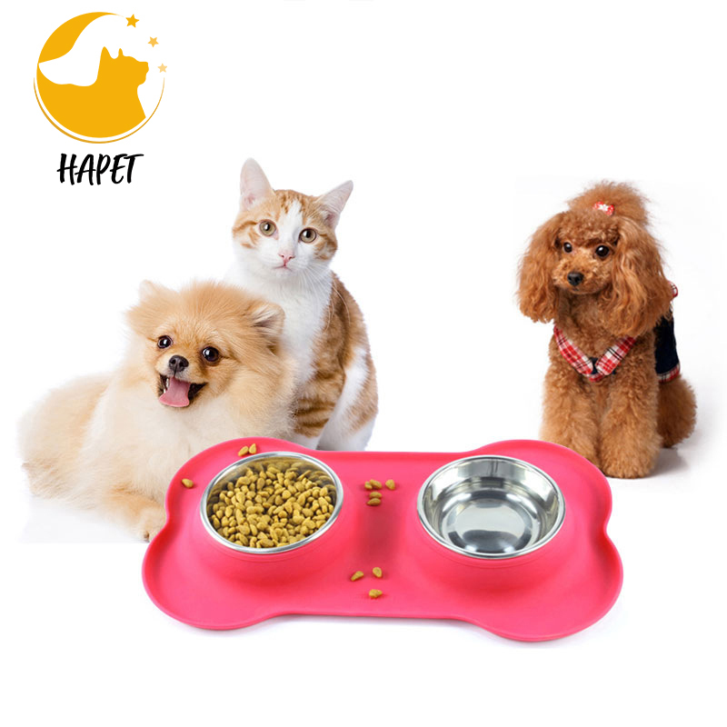 Pet bowl silicone double dog bowl silicone pad stainless steel pet tableware