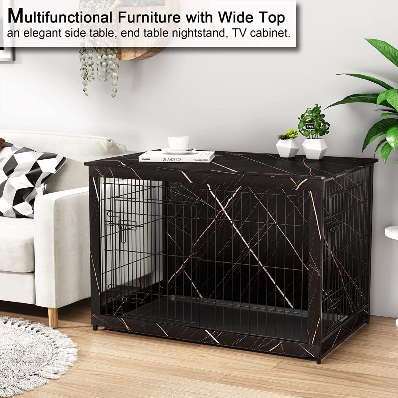 Dog Kennels Indoor Side Table Dog Crate Furniture Double Doors Dog Crate with Slide Tray