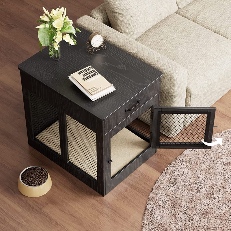 Decorative Wooden Dog Kennel End Table Pet Crate House Cage Furniture with Drawer