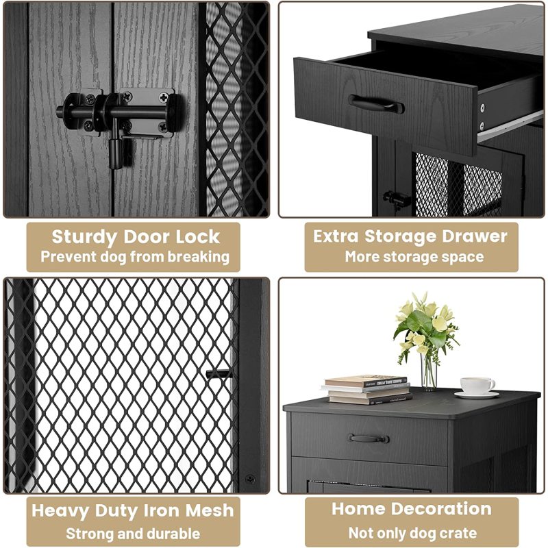 Decorative Wooden Dog Kennel End Table Pet Crate House Cage Furniture with Drawer