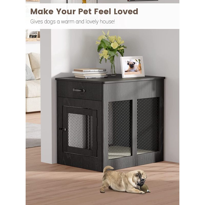 Decorative Wooden Dog Kennel End Table Pet Crate House Cage Furniture with Drawer