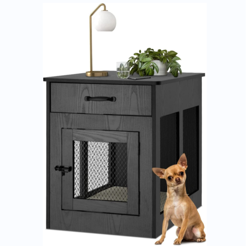 Decorative Wooden Dog Kennel End Table Pet Crate House Cage Furniture with Drawer