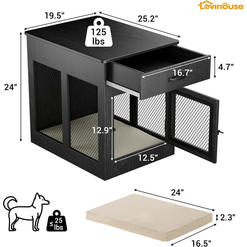 Decorative Wooden Dog Kennel End Table Pet Crate House Cage Furniture with Drawer