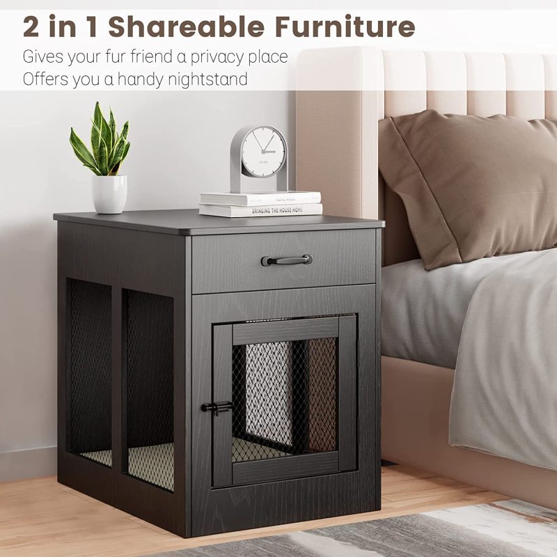 Decorative Wooden Dog Kennel End Table Pet Crate House Cage Furniture with Drawer