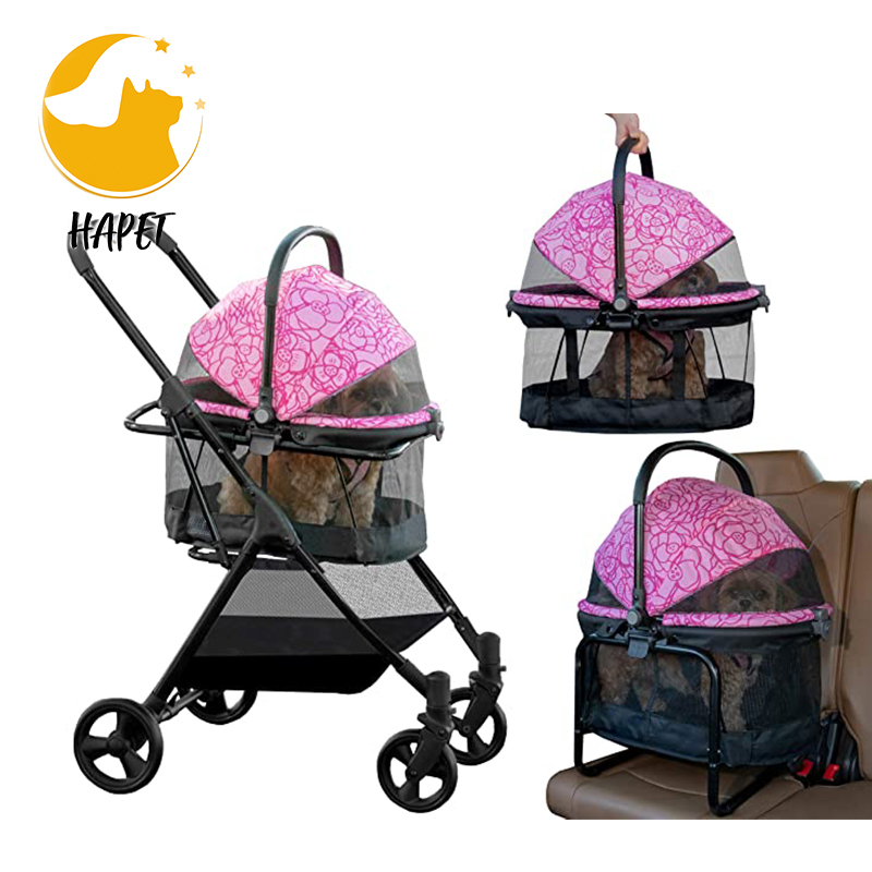 Pet Stroller Foldable Cat Dog Stroller for Small Medium Dogs with Storage Basket
