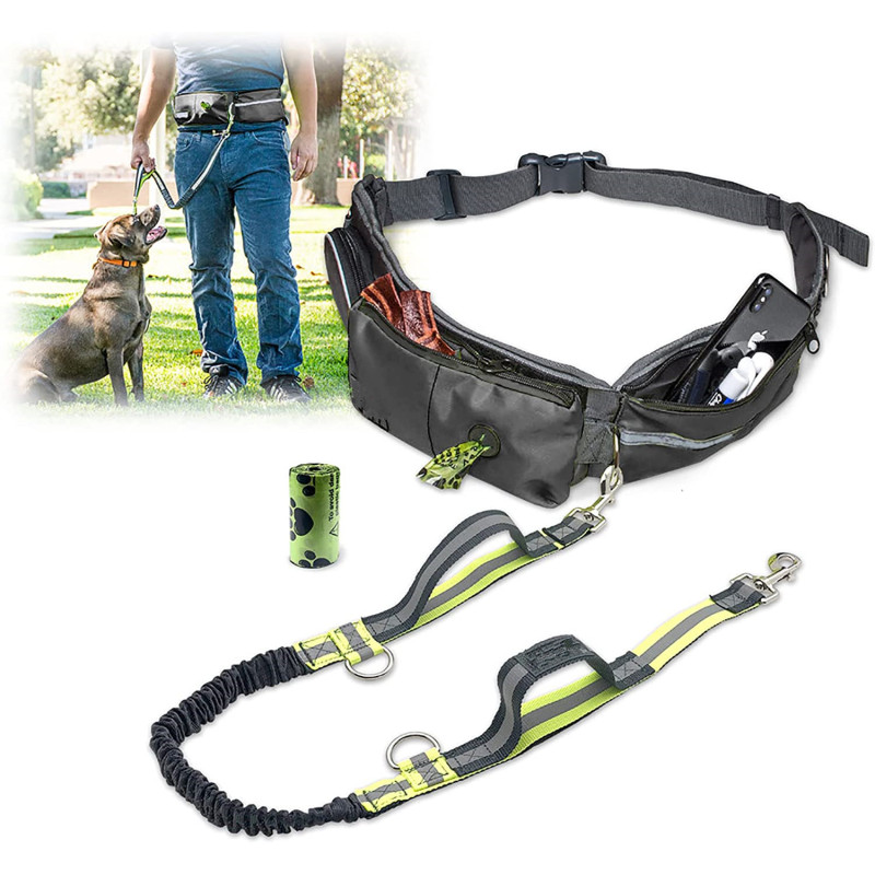 Reflective Bungee Running Dog Leash Poop Bag Dispenser for Small Medium Large Dogs