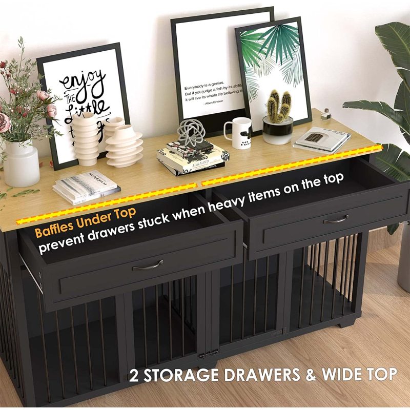 Dog Crate Furniture with 2 Drawers, 73 Inch Wooden Dog Kennel with 2 Room and Removable Divider, Dog Crate End Table for Small M