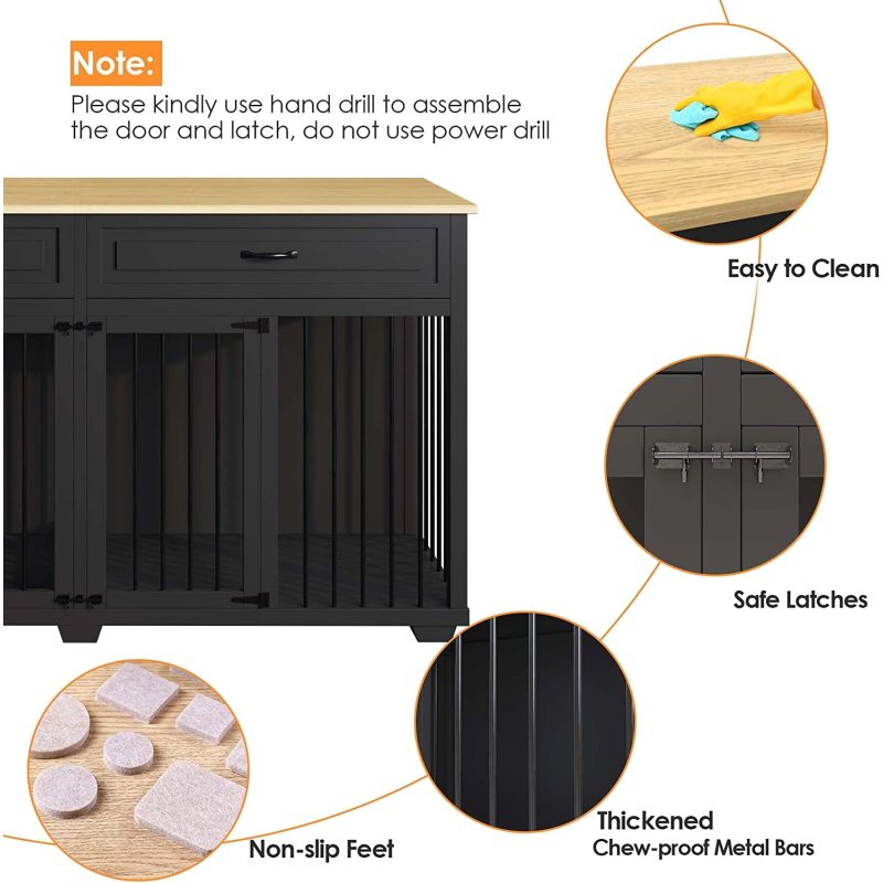 Dog Crate Furniture with 2 Drawers, 73 Inch Wooden Dog Kennel with 2 Room and Removable Divider, Dog Crate End Table for Small M