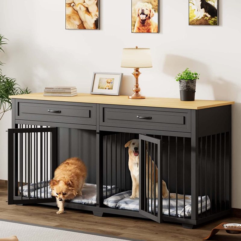 Dog Crate Furniture with 2 Drawers, 73 Inch Wooden Dog Kennel with 2 Room and Removable Divider, Dog Crate End Table for Small M