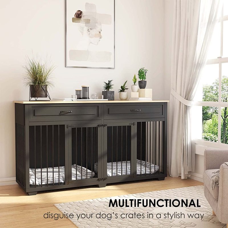 Dog Crate Furniture with 2 Drawers, 73 Inch Wooden Dog Kennel with 2 Room and Removable Divider, Dog Crate End Table for Small M