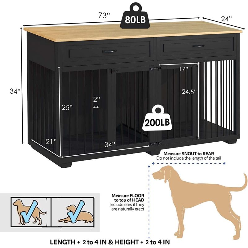 Dog Crate Furniture with 2 Drawers, 73 Inch Wooden Dog Kennel with 2 Room and Removable Divider, Dog Crate End Table for Small M