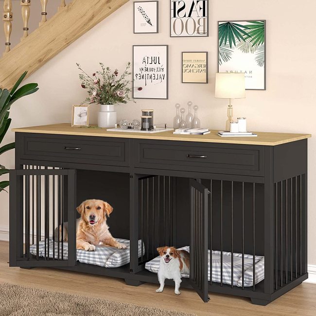 Dog Crate Furniture with 2 Drawers, 73 Inch Wooden Dog Kennel with 2 Room and Removable Divider, Dog Crate End Table for Small M