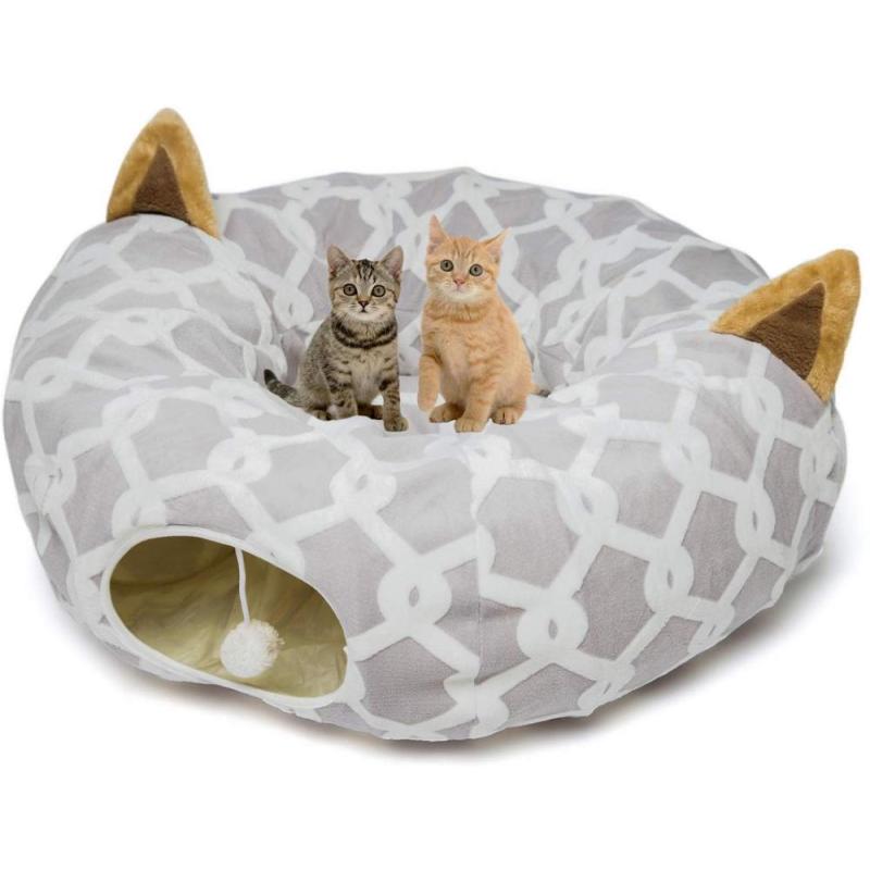 Cat Dog Tunnel Bed with Cushion Tube Toys Plush Large Diameter Longer Crinkle Collapsible 3 Way for Large cat tunnel house