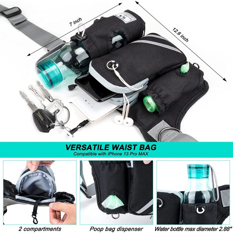 Reflective Stitching Retractable Hands Free Dog Leash for 2 Dogs Adjustable Waist Belt