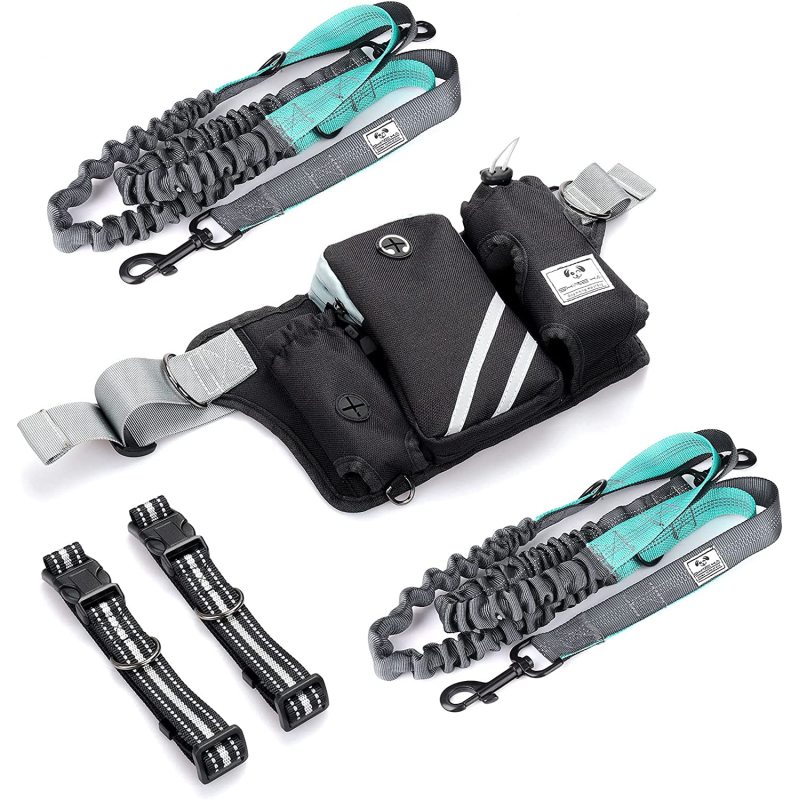Reflective Stitching Retractable Hands Free Dog Leash for 2 Dogs Adjustable Waist Belt