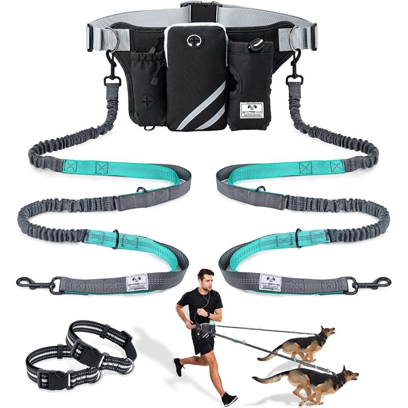 Reflective Stitching Retractable Hands Free Dog Leash for 2 Dogs Adjustable Waist Belt