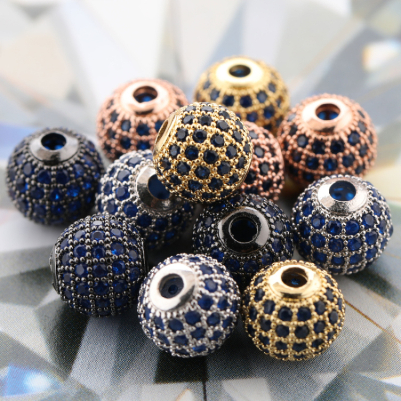 2021 Hot Sale Silver and Gold Plated Round Copper Sapphire Zircon Micro Pave Beads with Hole