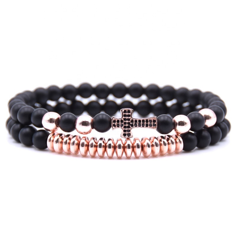 New Design Europe and America Popular 8MM Beads Bracelet Gold/Silver/Rose Gold/Black Cross Charm Bracelets with Rhinestone