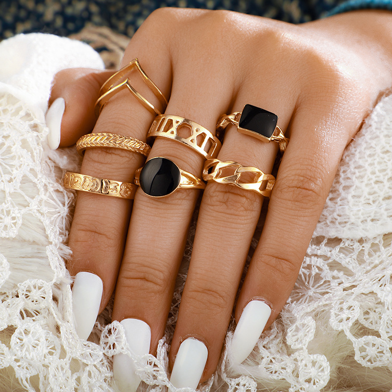 2021 new arrival Couple Ring  Gold plated  Hip-hop Style Popular hollow out black oil drop ring set retro