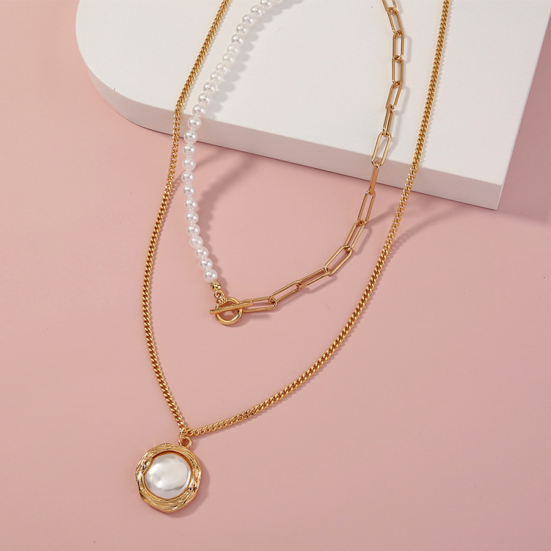 New Arrivals Gold Plated OT Buckle Flat Pearl Simple Patchwork Chain Multi Layered Link Chain Necklace for Women