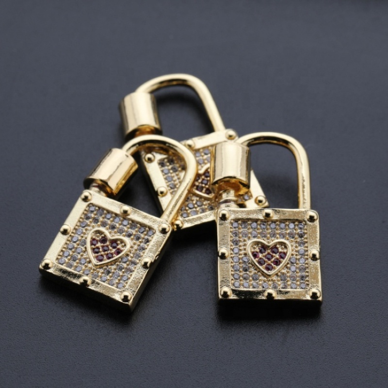 Custom Wholesale Korean Fashion Gold Plated Zircon Brass Lock Design Carabiner Jewelery Accessory for Bracelet Necklace Making