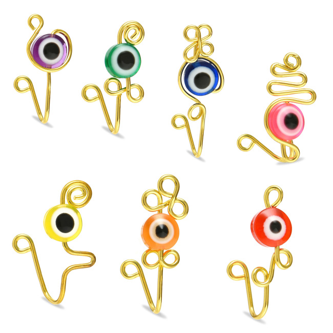 Wholesale Faux Clip on Hoop Face Jewelry Rings Colorful Round Stone Gold Curve Wire Non Pierced Dangle Evil Eyes Nose Cuffs