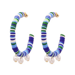 Womens summer gift hoop jewelry pearl dangle rainbow color polymer clay earrings handmade